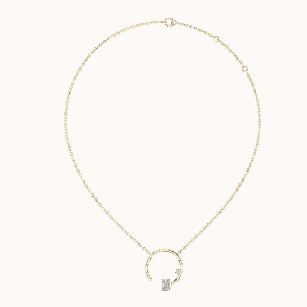Emerald-cut and round lab-grown diamond open circle pendant in yellow gold, 0.98 CT TW, view 1