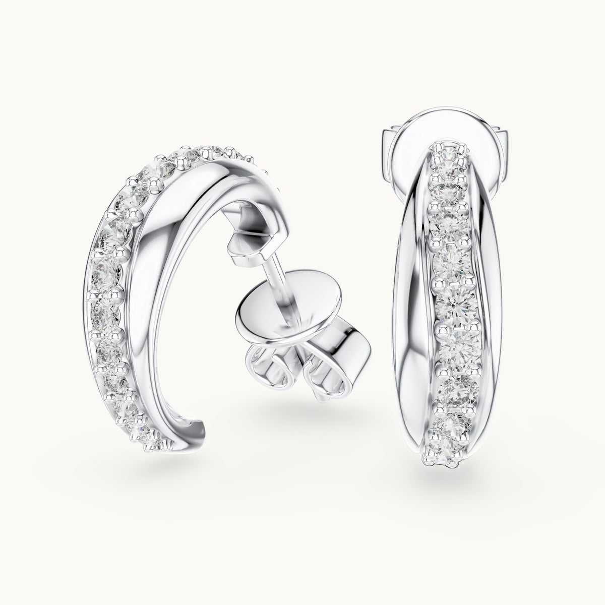 Round lab-grown diamond pave j-hoop earrings in white gold, 0.38 CT TW, view 1