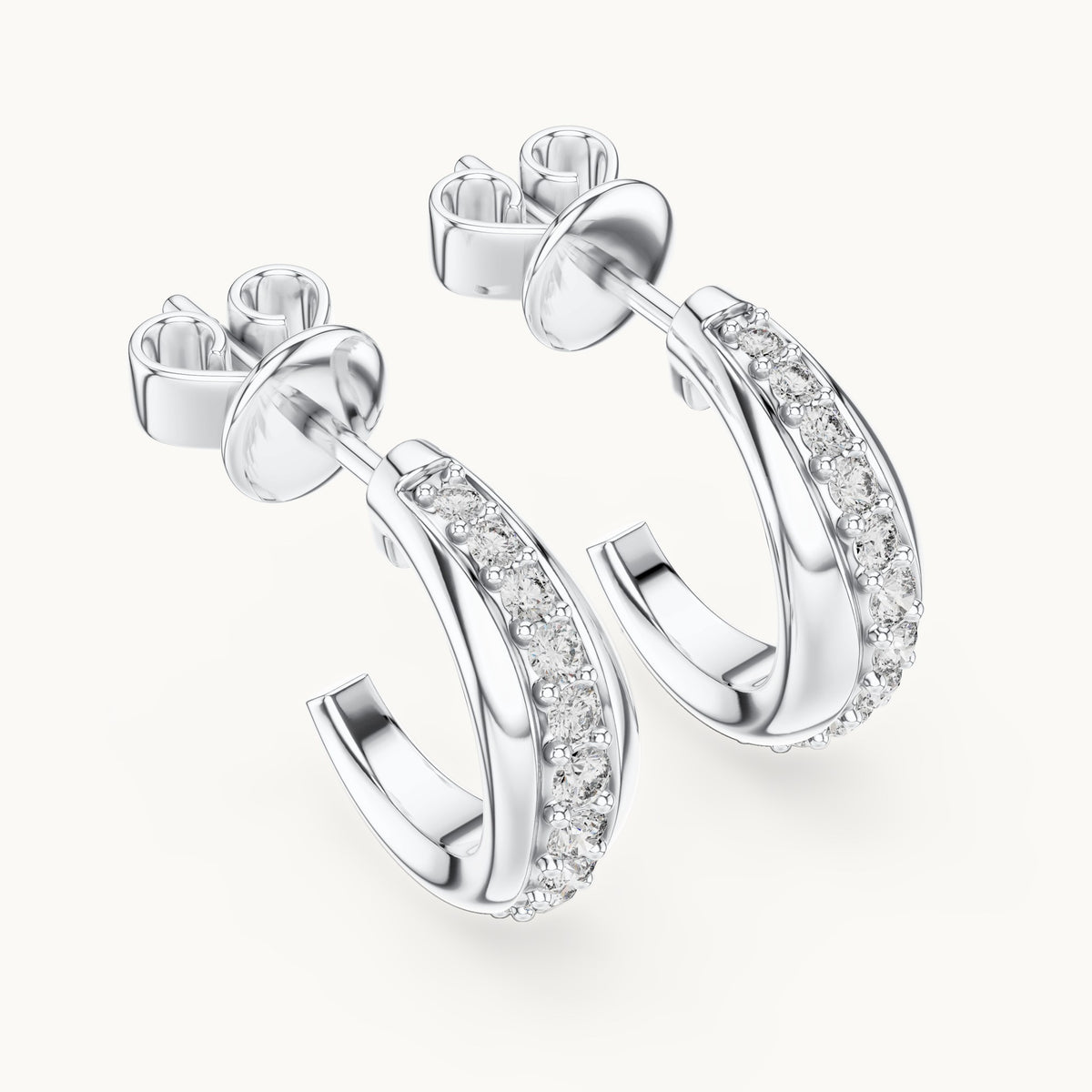 Round lab-grown diamond pave j-hoop earrings in white gold, 0.38 CT TW, view 2