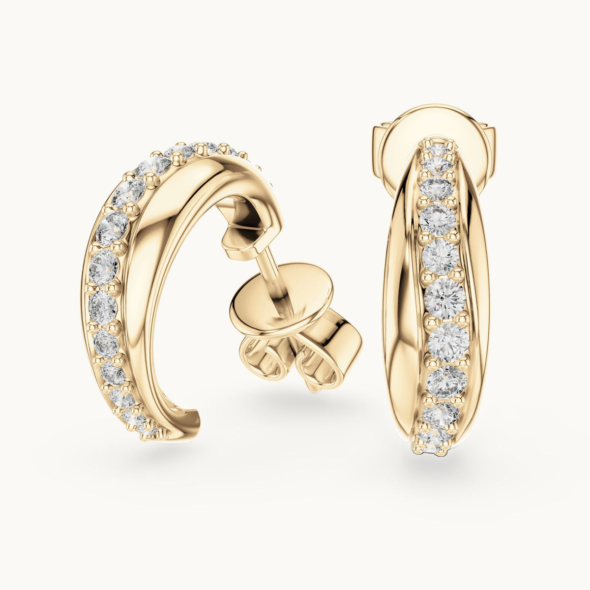 Round lab-grown diamond pave j-hoop earrings in yellow gold, 0.38 CT TW, view 1