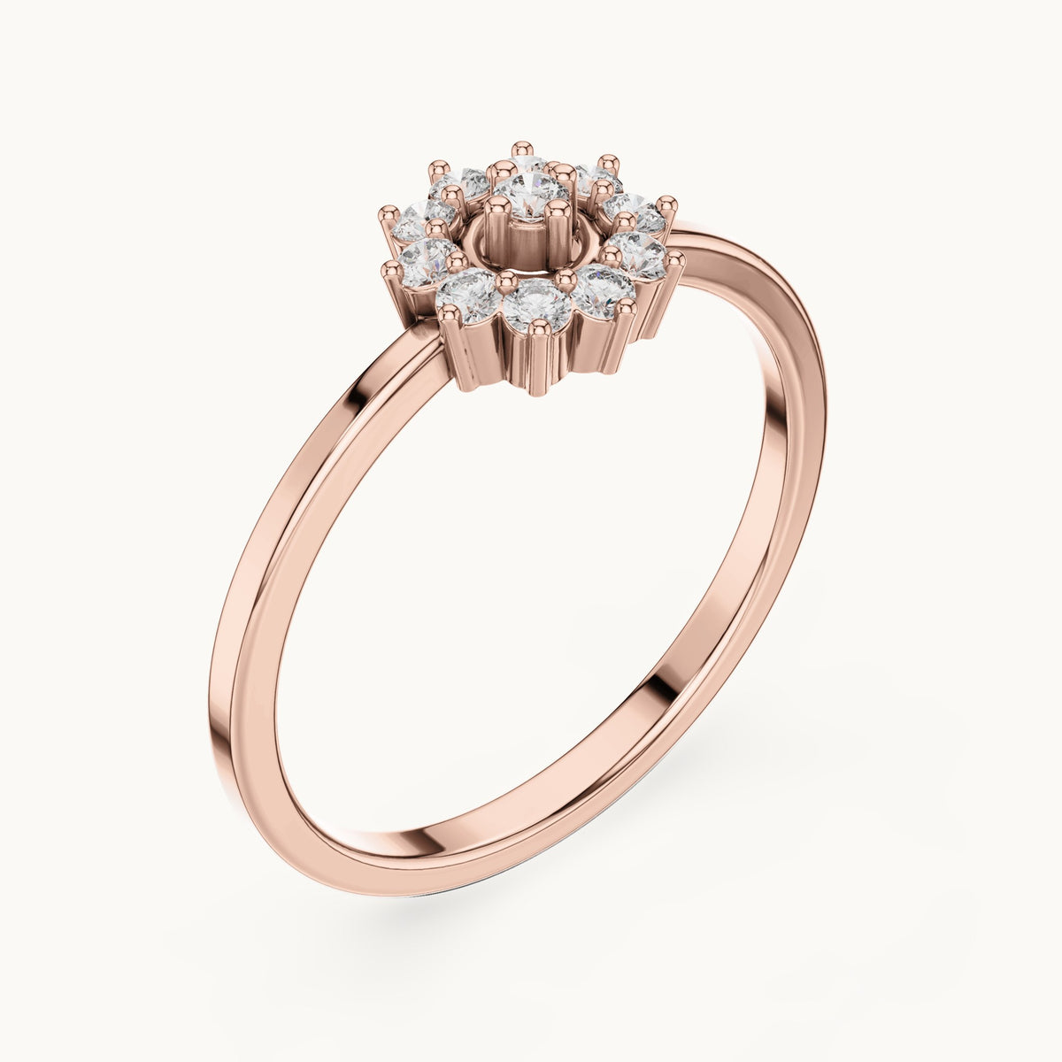 Round lab-grown diamond flower cluster ring in rose gold, 0.17 CT TW, view 2