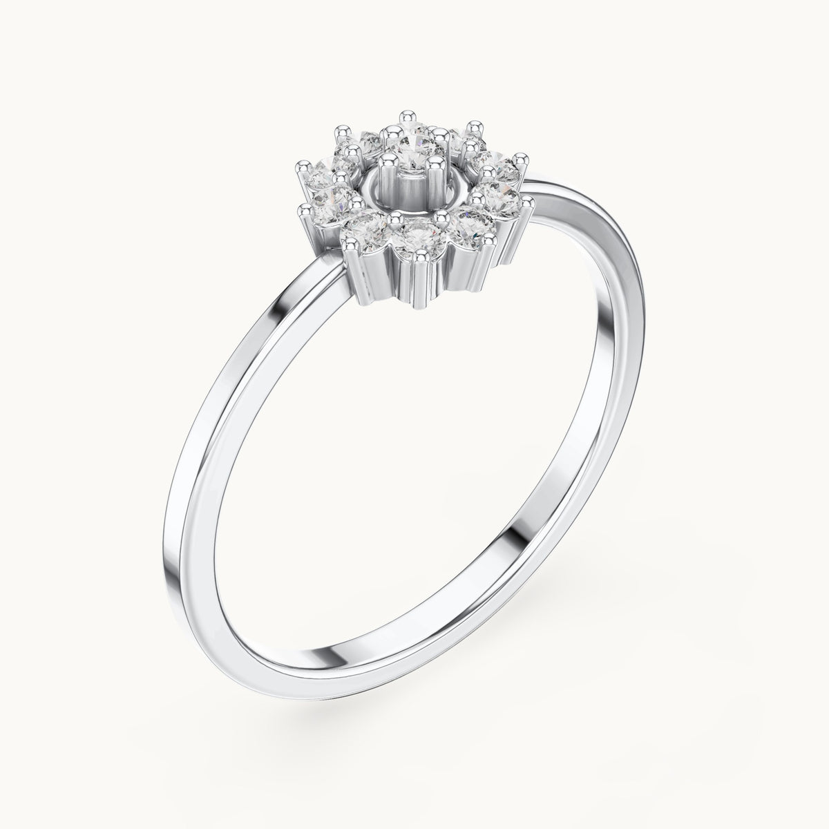 Round lab-grown diamond flower cluster ring in white gold, 0.17 CT TW, view 2