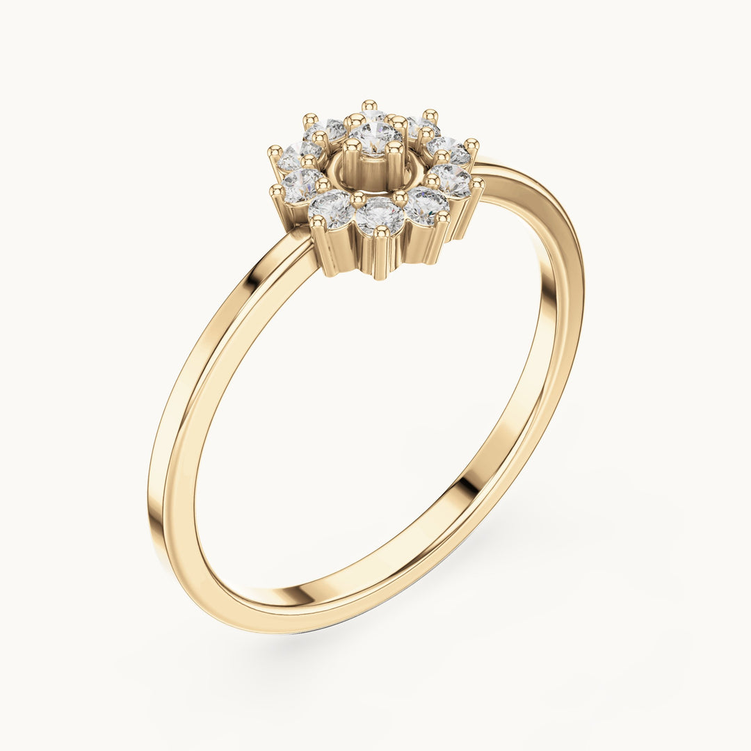 Round lab-grown diamond flower cluster ring in yellow gold, 0.17 CT TW, view 2
