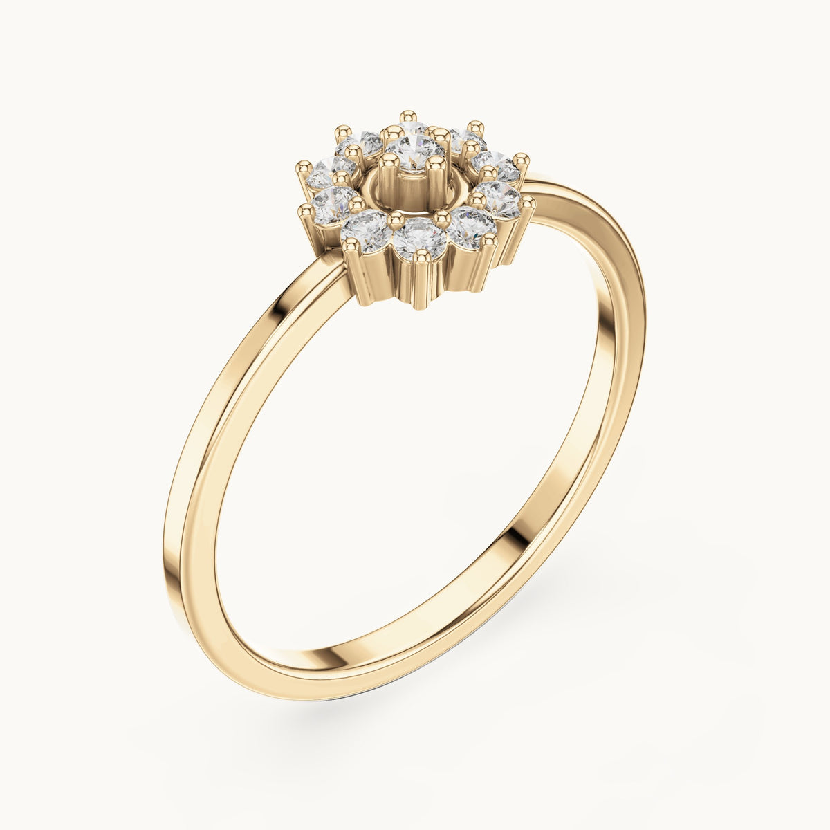 Round lab-grown diamond flower cluster ring in yellow gold, 0.17 CT TW, view 2