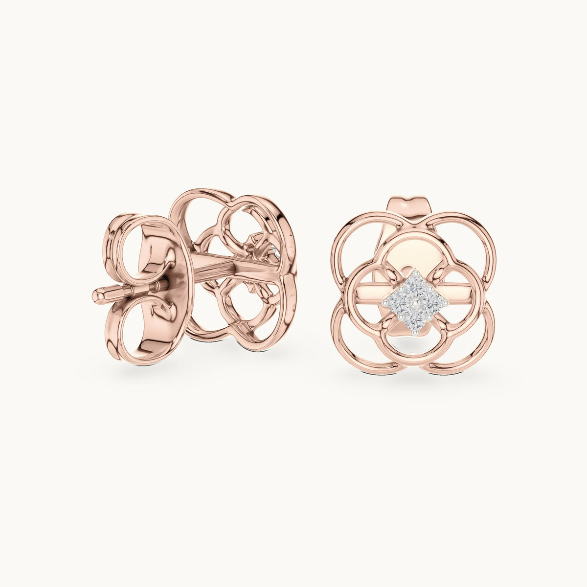 Round lab-grown diamond open quatrefoil stud earrings in rose gold, 0.032 CT TW, view 1
