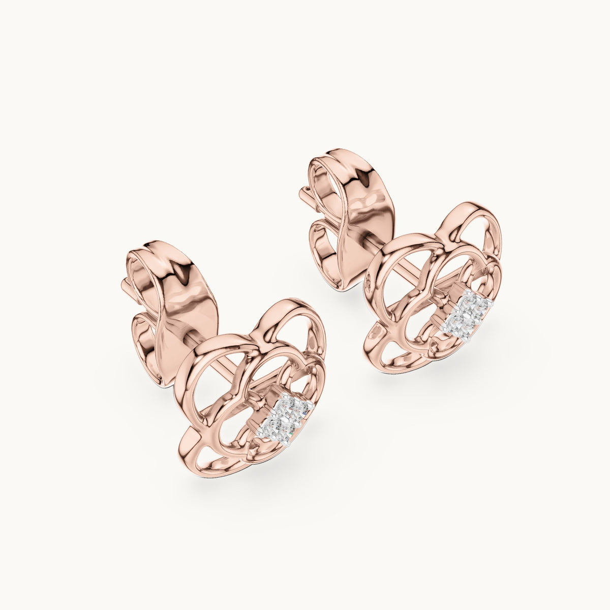 Round lab-grown diamond open quatrefoil stud earrings in rose gold, 0.032 CT TW, view 2