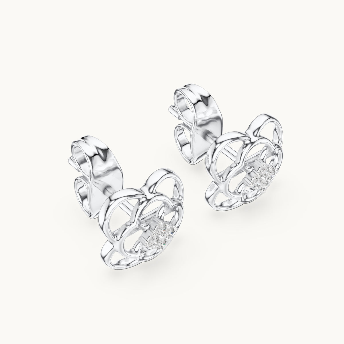 Round lab-grown diamond open quatrefoil stud earrings in white gold, 0.032 CT TW, view 2
