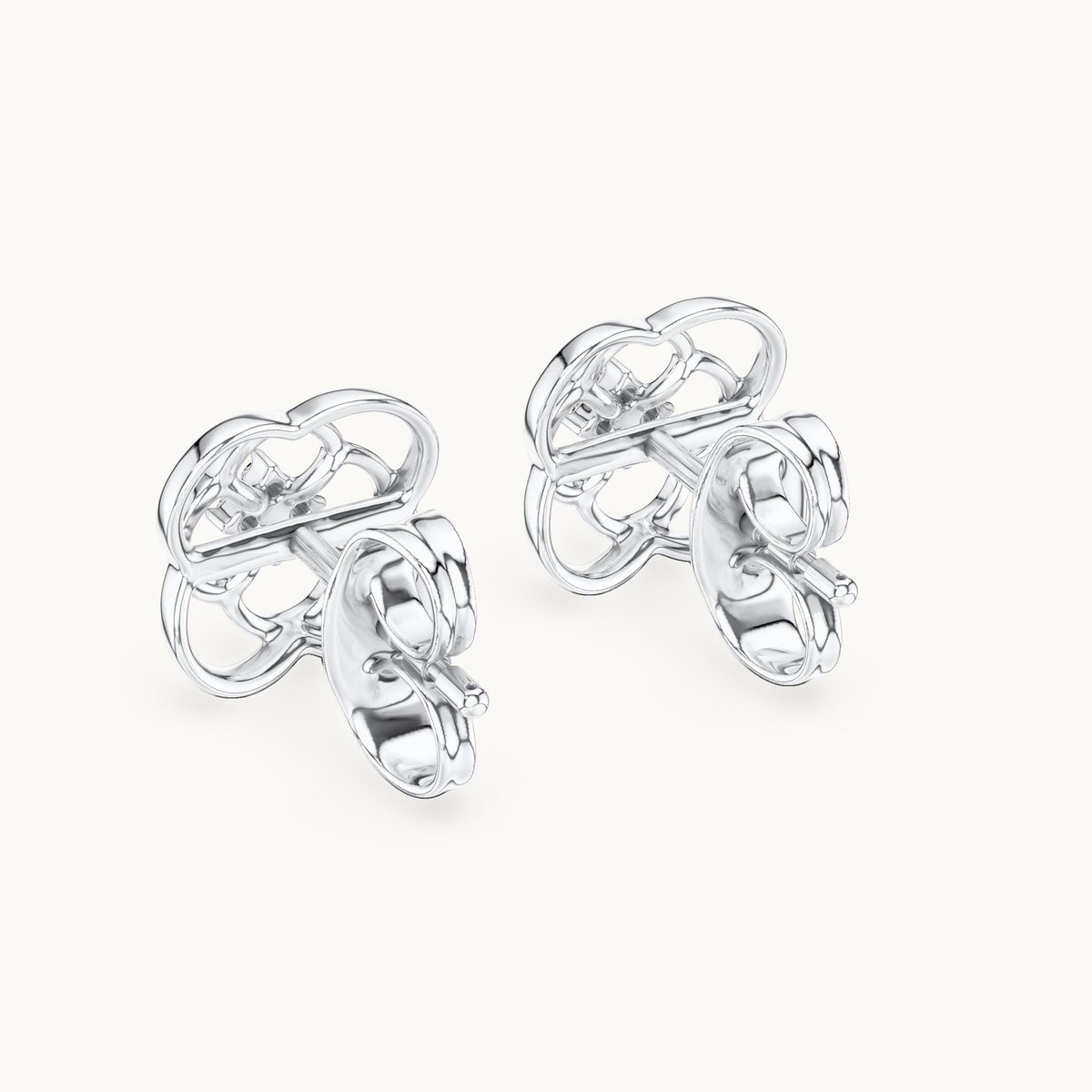 Round lab-grown diamond open quatrefoil stud earrings in white gold, 0.032 CT TW, view 3