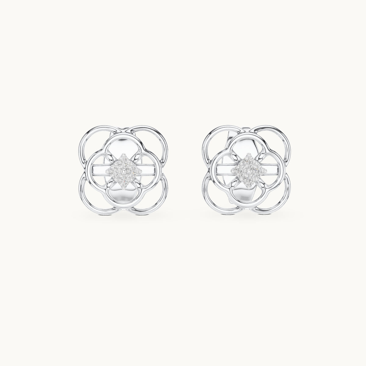 Round lab-grown diamond open quatrefoil stud earrings in white gold, 0.032 CT TW, view 4