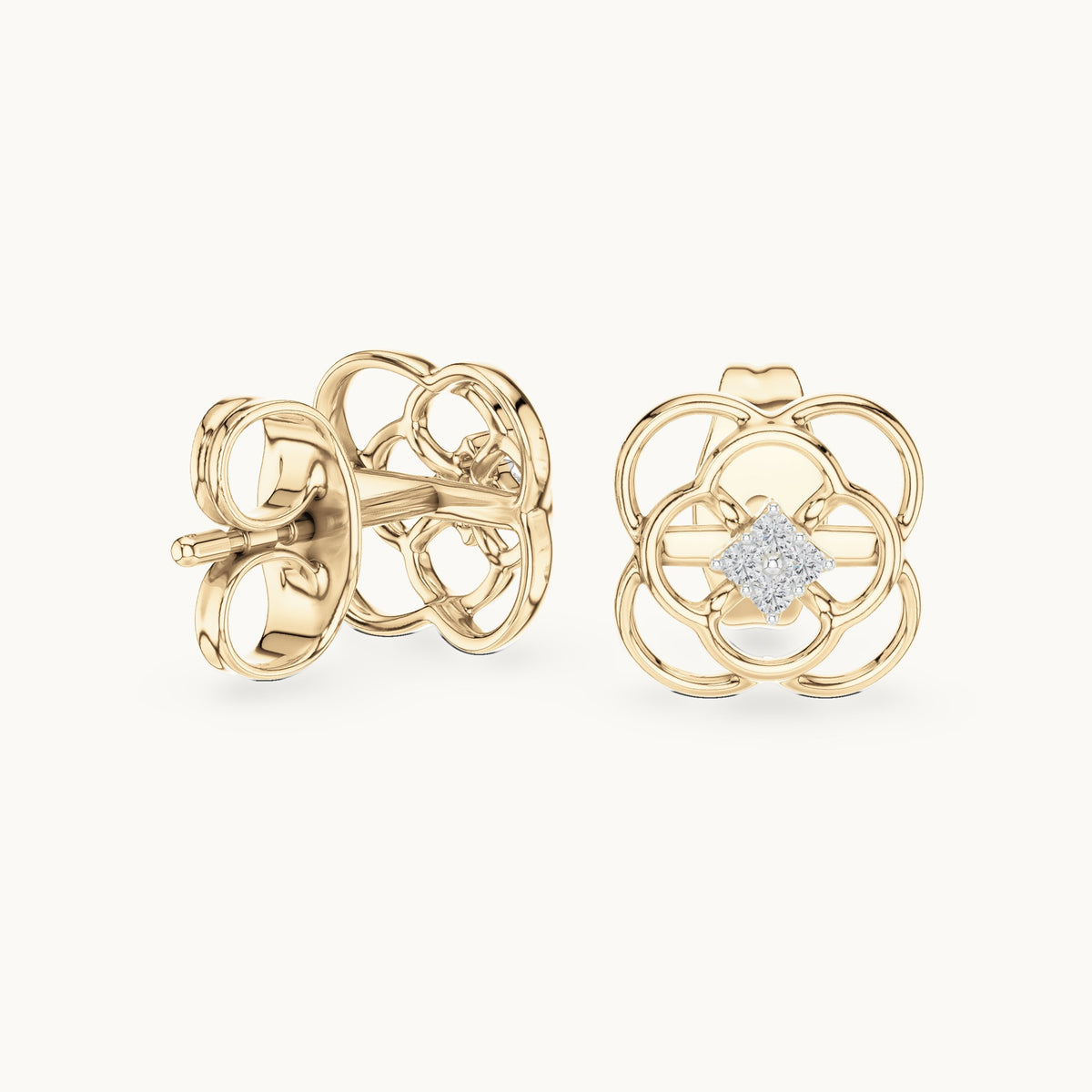 Round lab-grown diamond open quatrefoil stud earrings in yellow gold, 0.032 CT TW, view 1