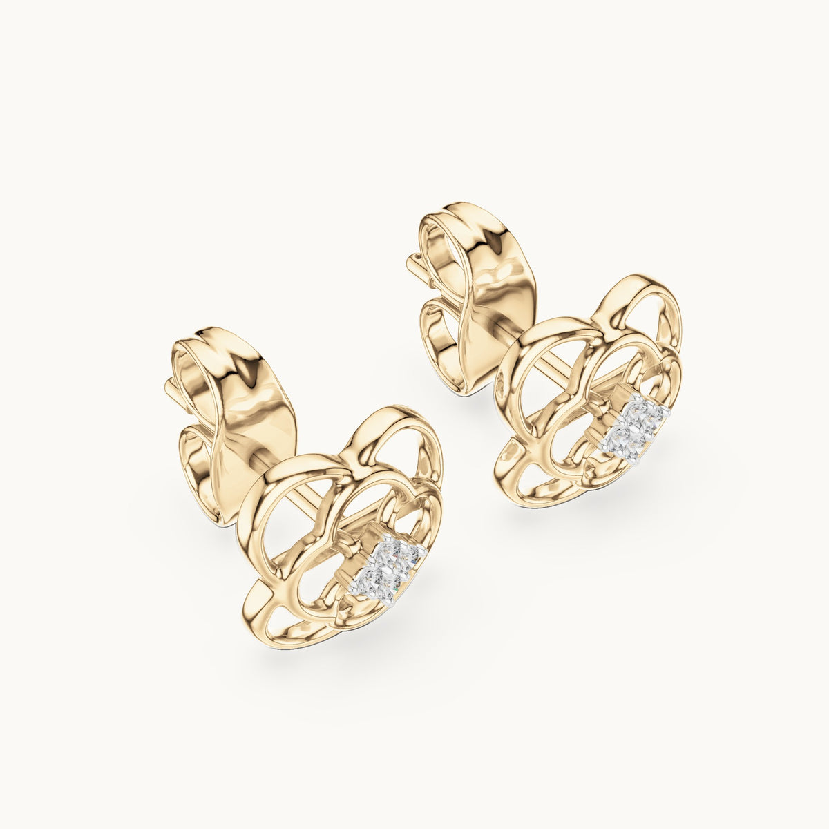 Round lab-grown diamond open quatrefoil stud earrings in yellow gold, 0.032 CT TW, view 2