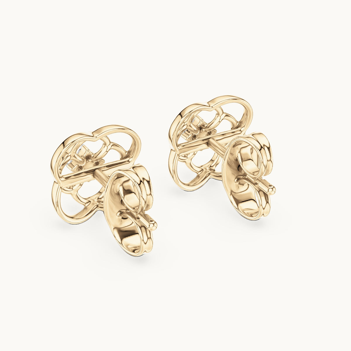 Round lab-grown diamond open quatrefoil stud earrings in yellow gold, 0.032 CT TW, view 3