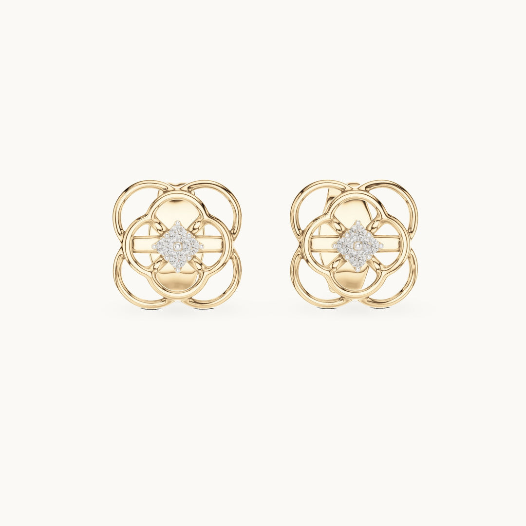 Round lab-grown diamond open quatrefoil stud earrings in yellow gold, 0.032 CT TW, view 4