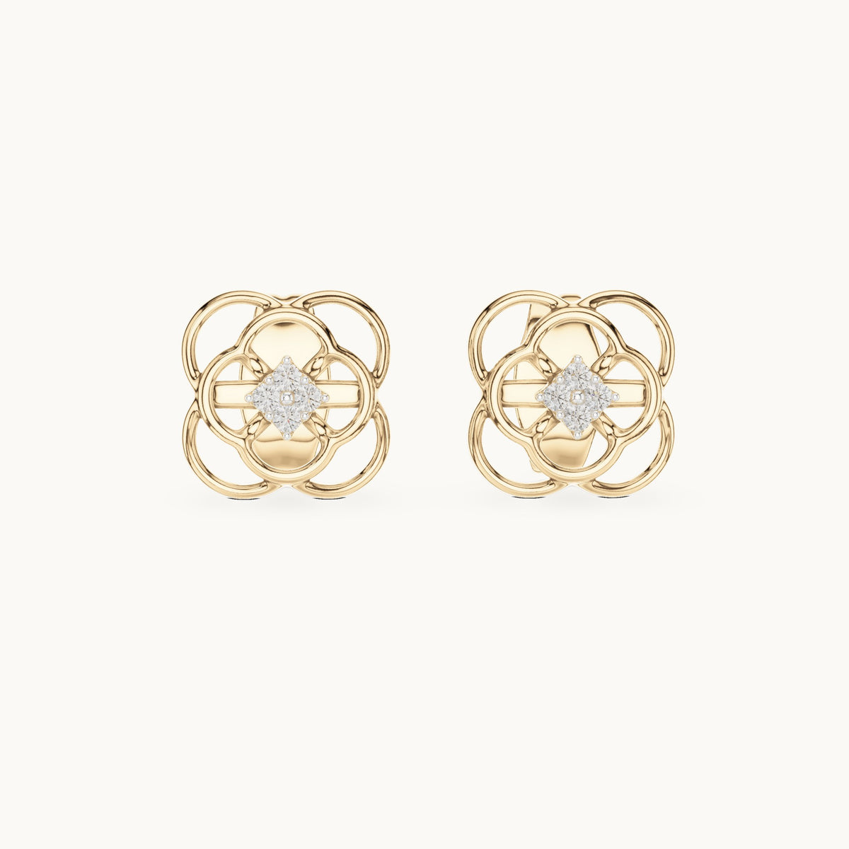 Round lab-grown diamond open quatrefoil stud earrings in yellow gold, 0.032 CT TW, view 4