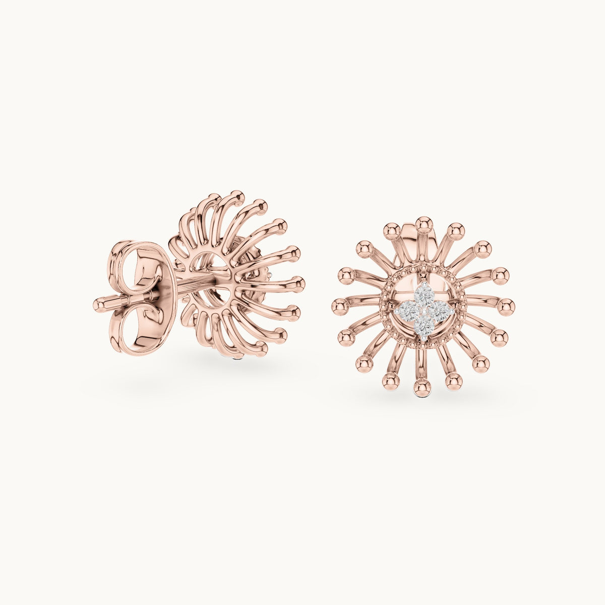Round lab-grown diamond sunray stud earrings in rose gold, 0.056 CT TW, view 1