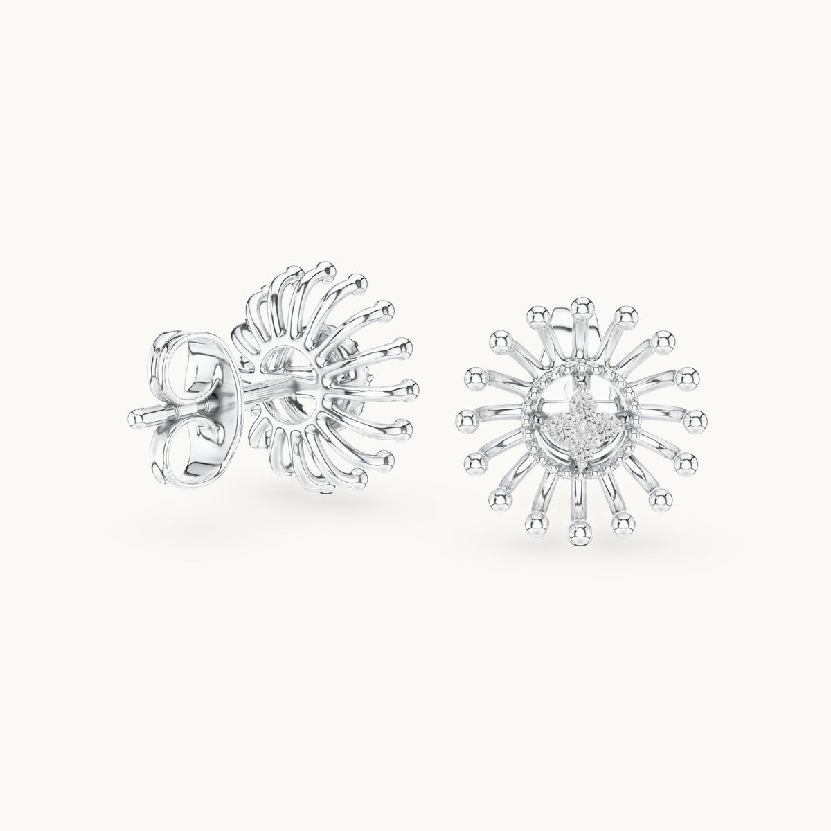 Round lab-grown diamond sunray stud earrings in white gold, 0.056 CT TW, view 1