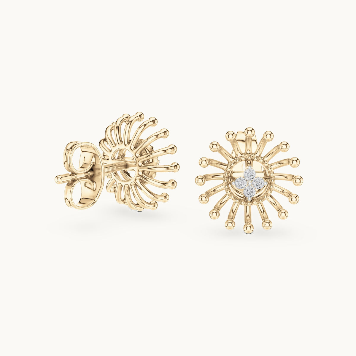 Round lab-grown diamond sunray stud earrings in yellow gold, 0.056 CT TW, view 1