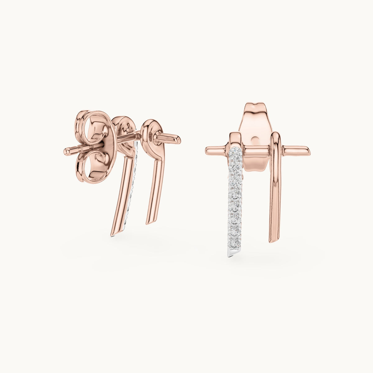 Round lab-grown diamond linear bar stud earrings in rose gold, 0.128 CT TW, view 1