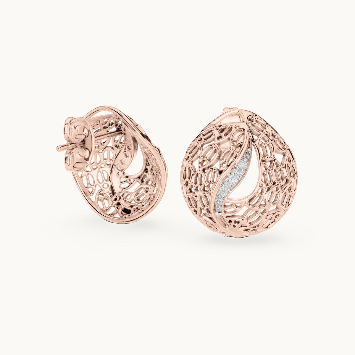 Round lab-grown diamond filigree swirl stud earrings in rose gold, 0.06 CT TW, view 1
