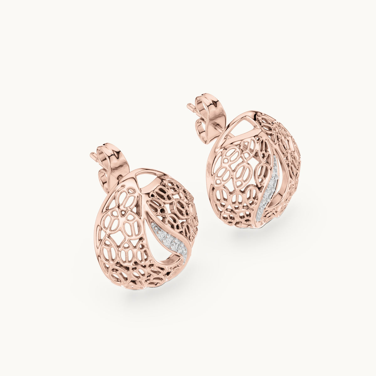 Round lab-grown diamond filigree swirl stud earrings in rose gold, 0.06 CT TW, view 2