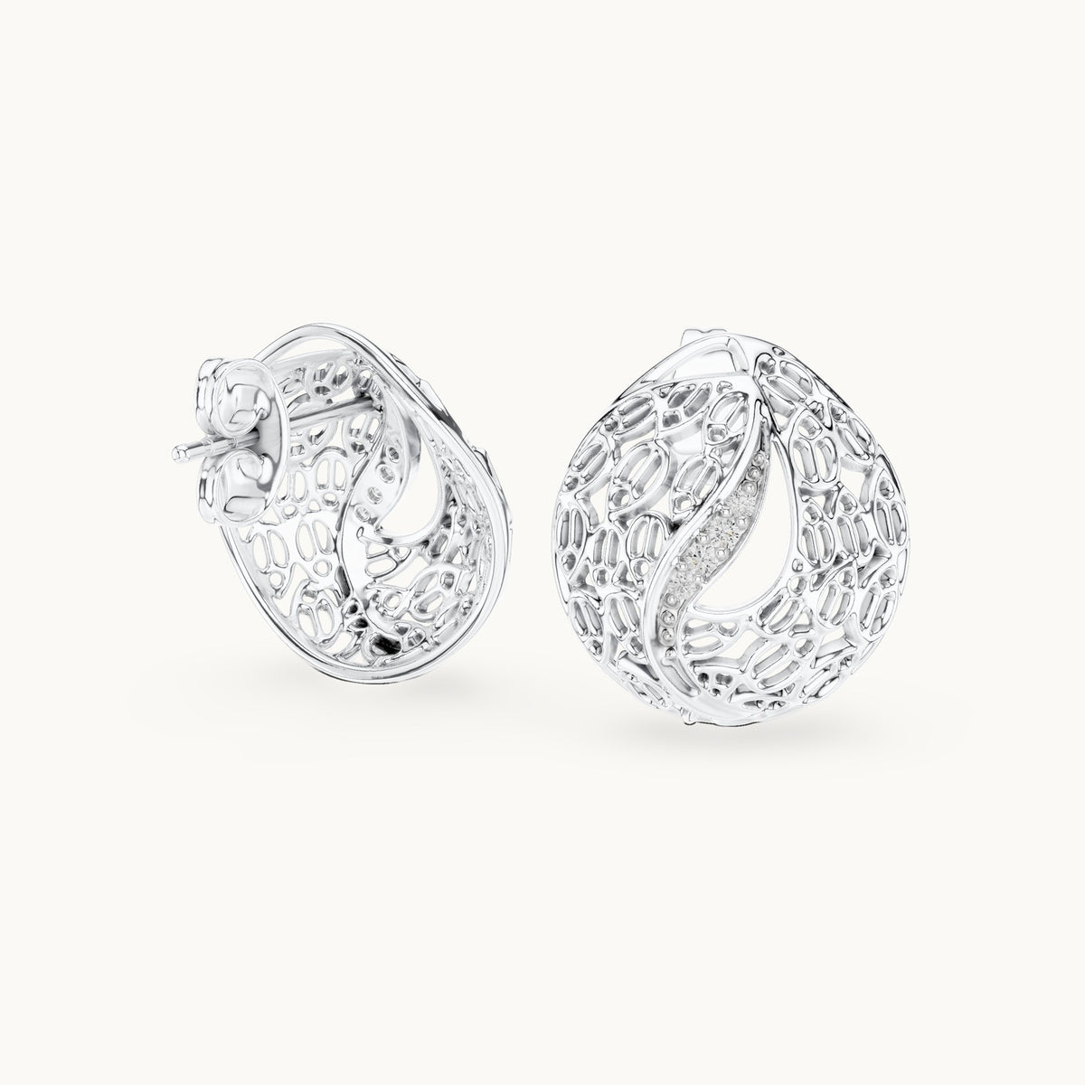 Round lab-grown diamond filigree swirl stud earrings in white gold, 0.06 CT TW, view 1
