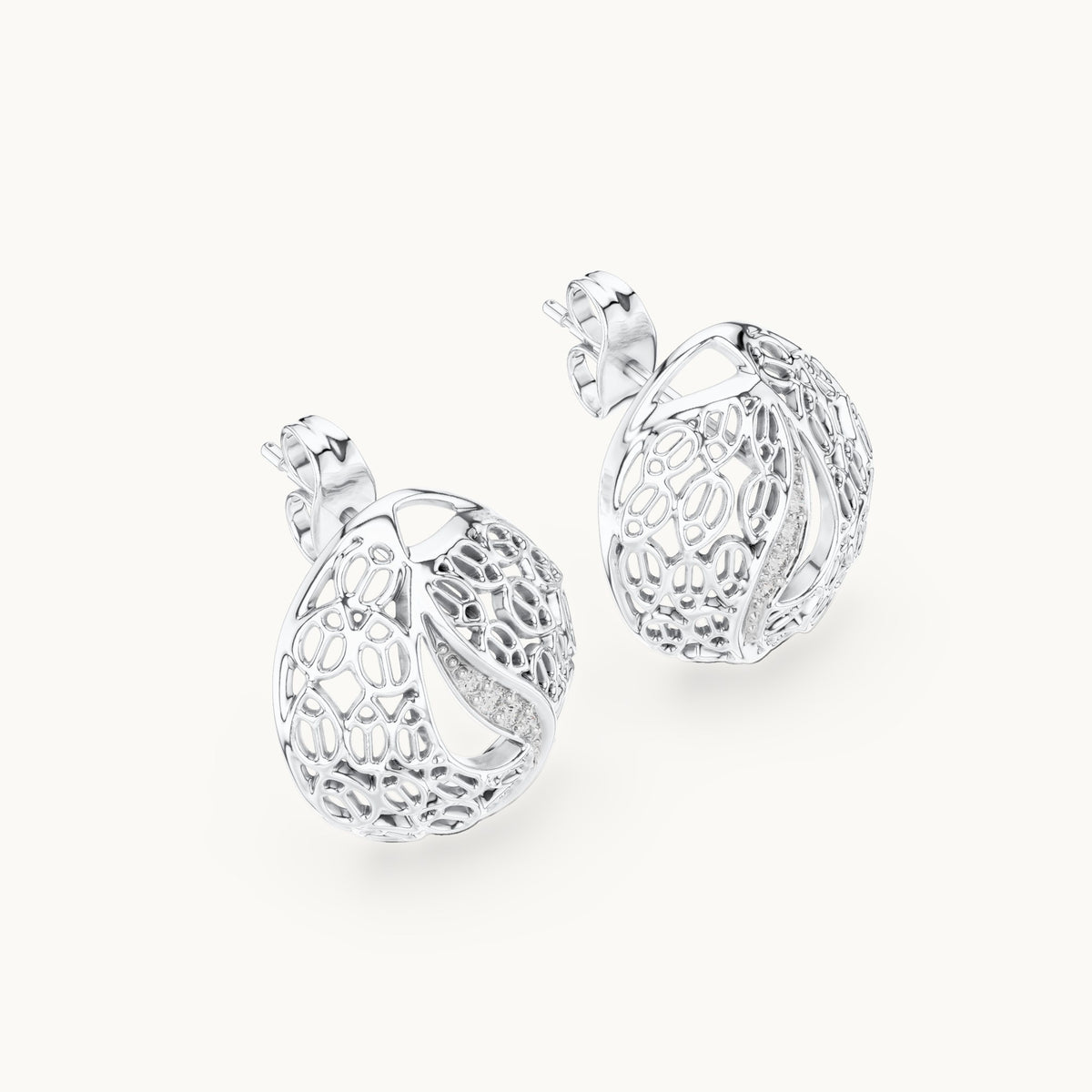 Round lab-grown diamond filigree swirl stud earrings in white gold, 0.06 CT TW, view 2