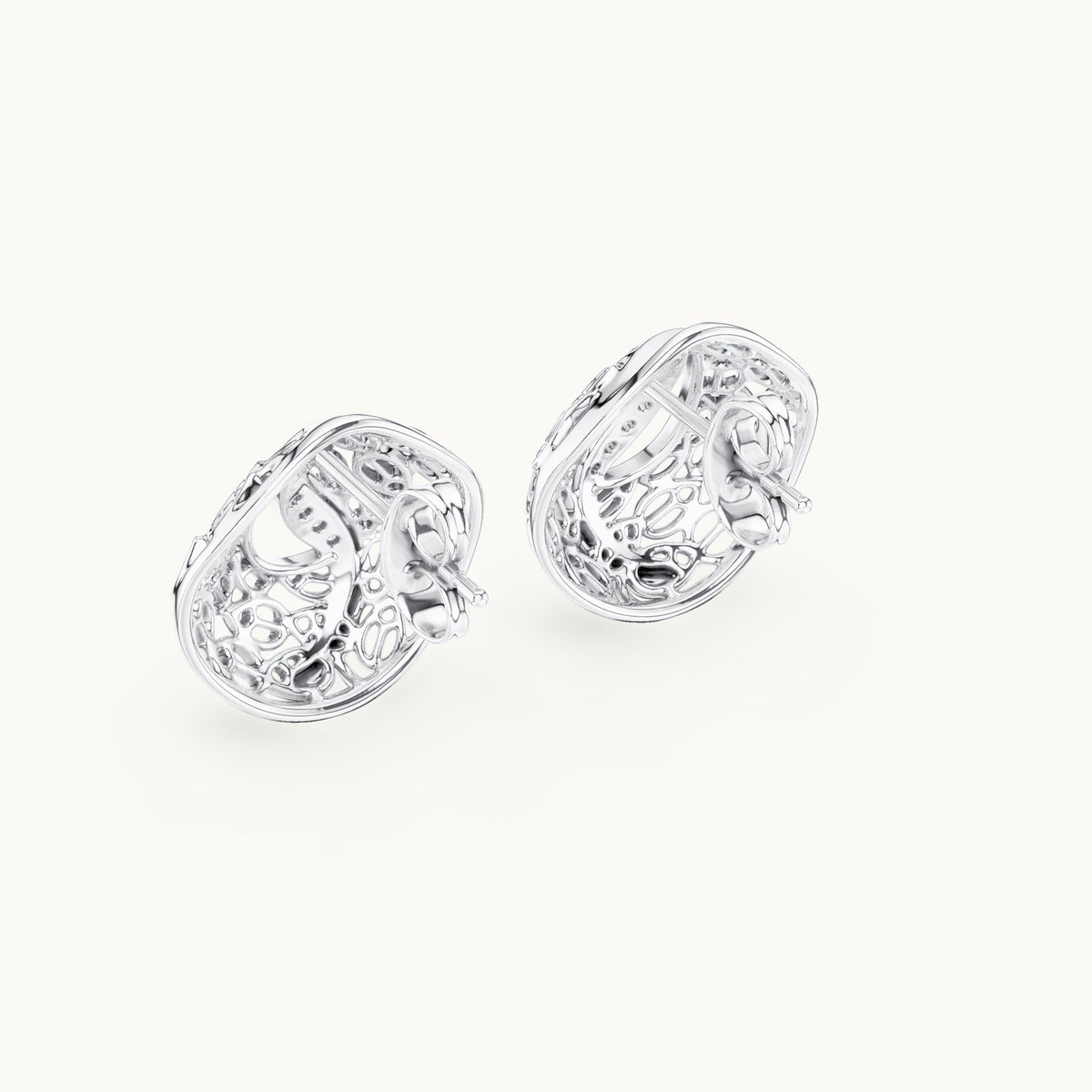 Round lab-grown diamond filigree swirl stud earrings in white gold, 0.06 CT TW, view 3