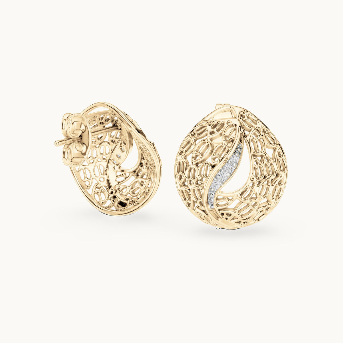 Round lab-grown diamond filigree swirl stud earrings in yellow gold, 0.06 CT TW, view 1