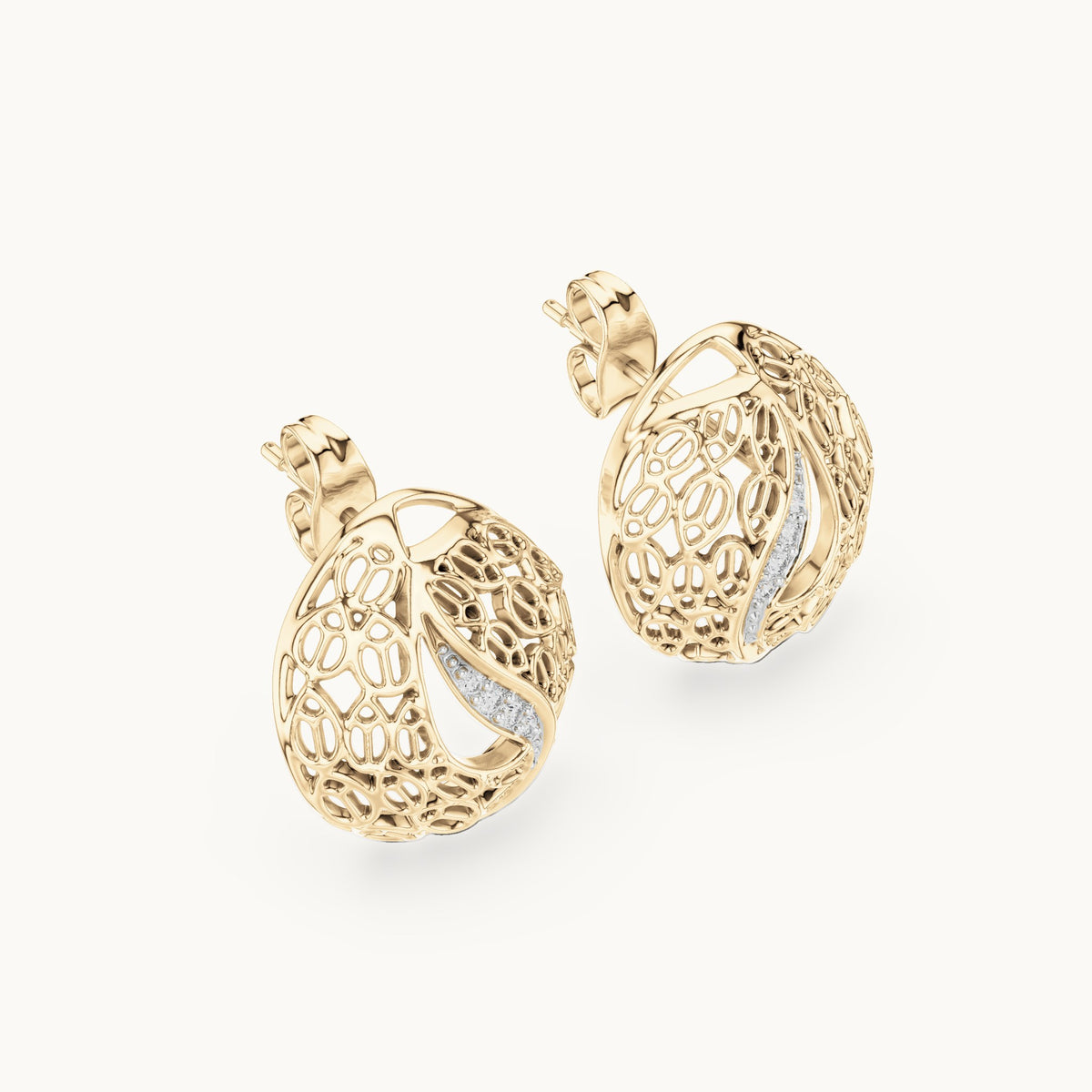 Round lab-grown diamond filigree swirl stud earrings in yellow gold, 0.06 CT TW, view 2