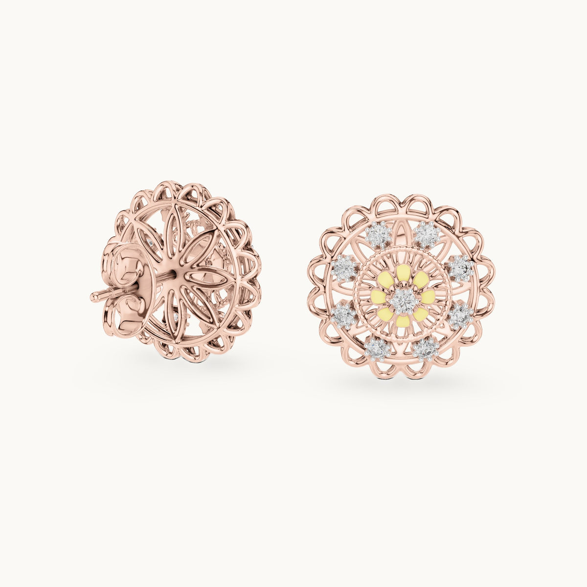 Round lab-grown diamond openwork medallion stud earrings in rose gold, 0.222 CT TW, view 1