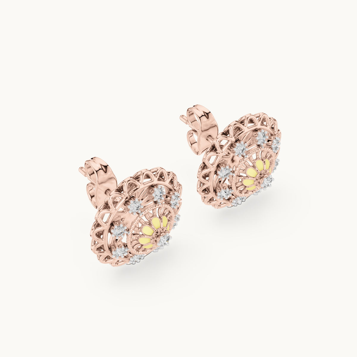 Round lab-grown diamond openwork medallion stud earrings in rose gold, 0.222 CT TW, view 2
