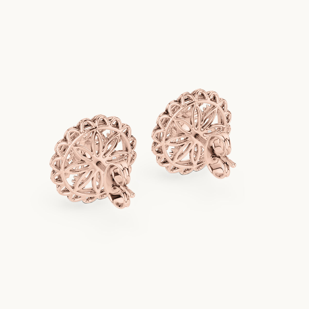 Round lab-grown diamond openwork medallion stud earrings in rose gold, 0.222 CT TW, view 3
