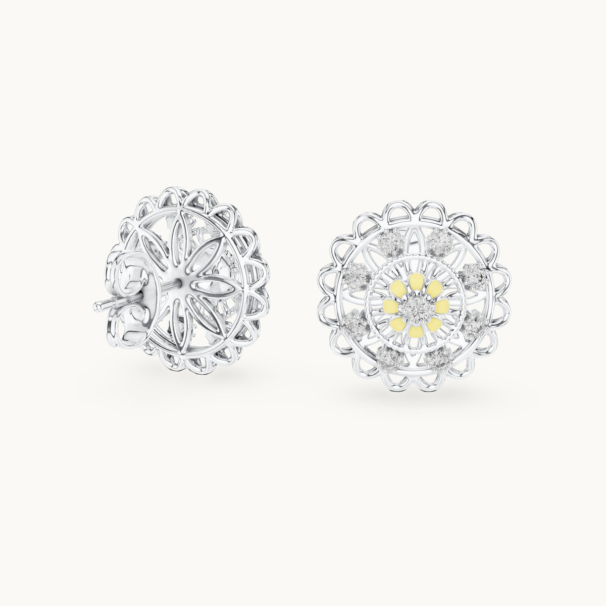 Round lab-grown diamond openwork medallion stud earrings in white gold, 0.222 CT TW, view 1