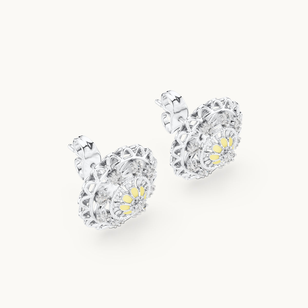 Round lab-grown diamond openwork medallion stud earrings in white gold, 0.222 CT TW, view 2