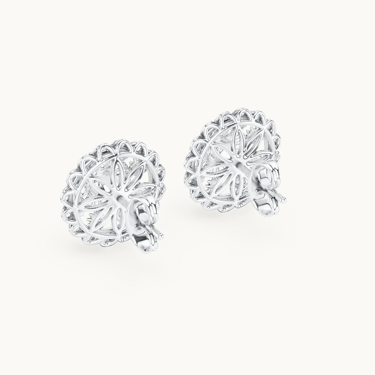 Round lab-grown diamond openwork medallion stud earrings in white gold, 0.222 CT TW, view 3