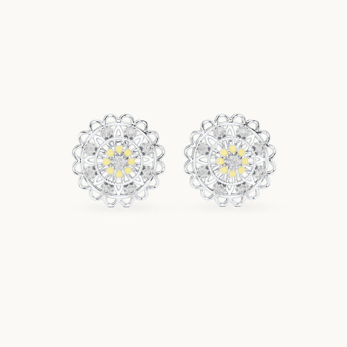 Round lab-grown diamond openwork medallion stud earrings in white gold, 0.222 CT TW, view 4