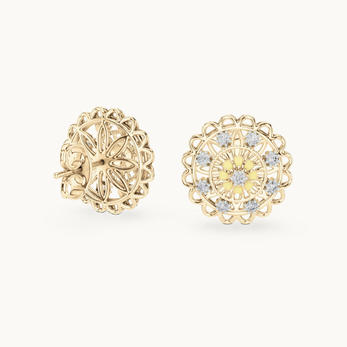 Round lab-grown diamond openwork medallion stud earrings in yellow gold, 0.222 CT TW, view 1