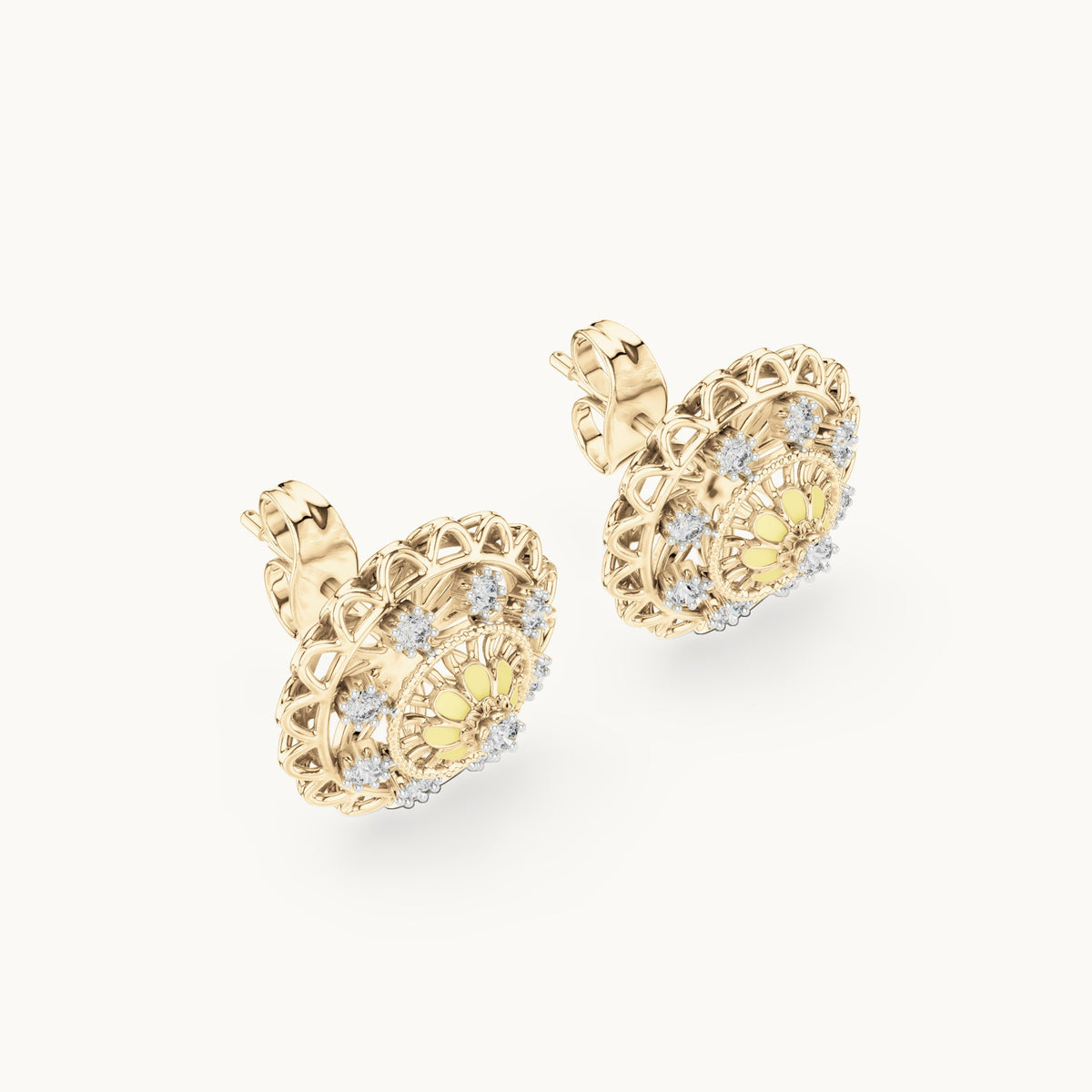 Round lab-grown diamond openwork medallion stud earrings in yellow gold, 0.222 CT TW, view 2