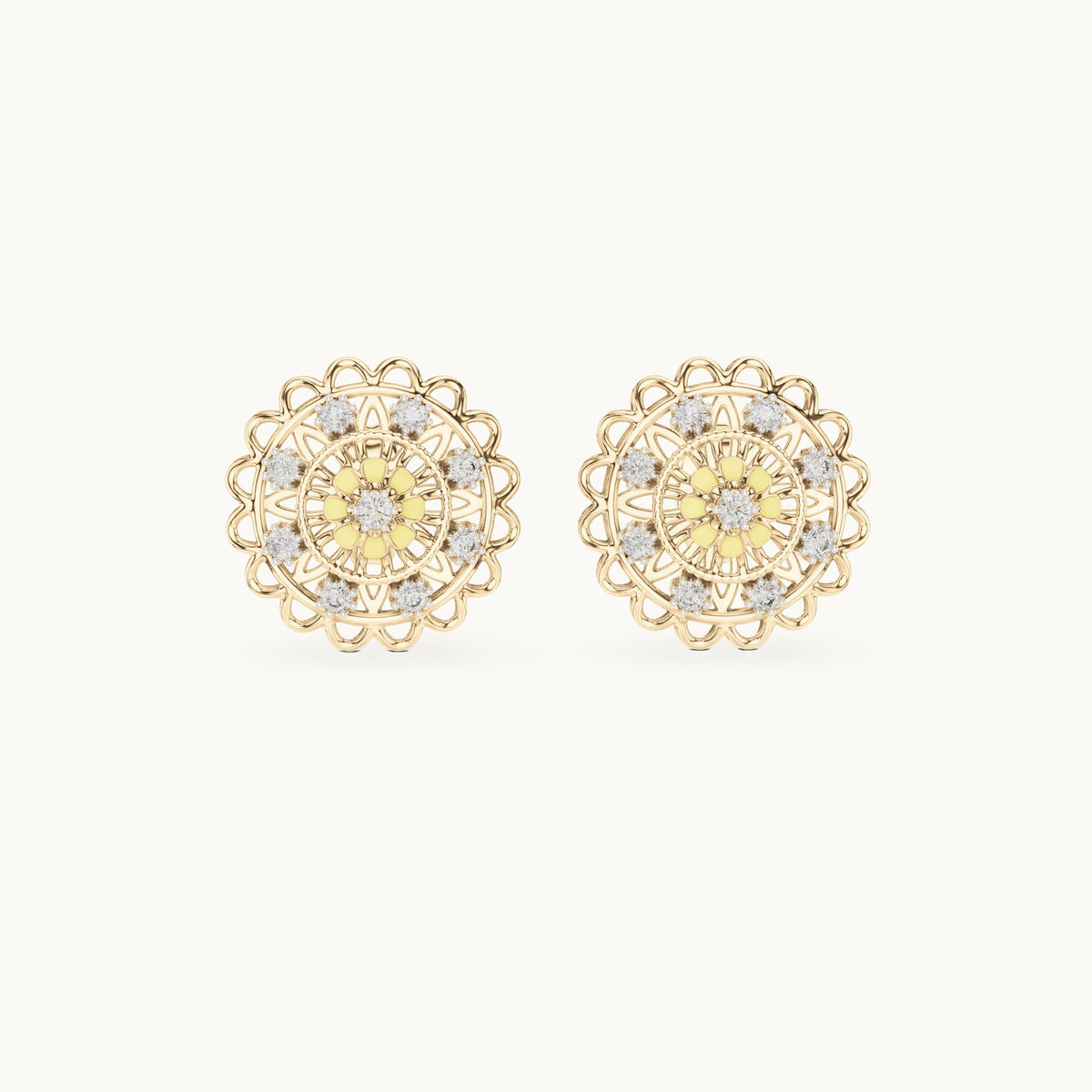 Round lab-grown diamond openwork medallion stud earrings in yellow gold, 0.222 CT TW, view 4