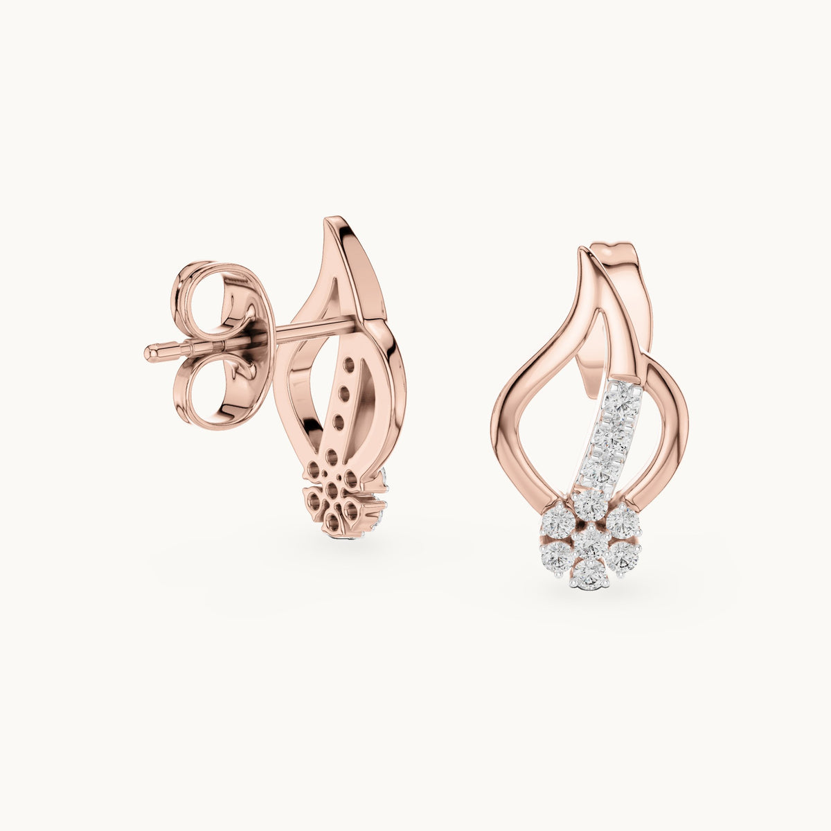 Round lab-grown diamond leaf flame stud earrings in rose gold, 0.20 CT TW, view 1