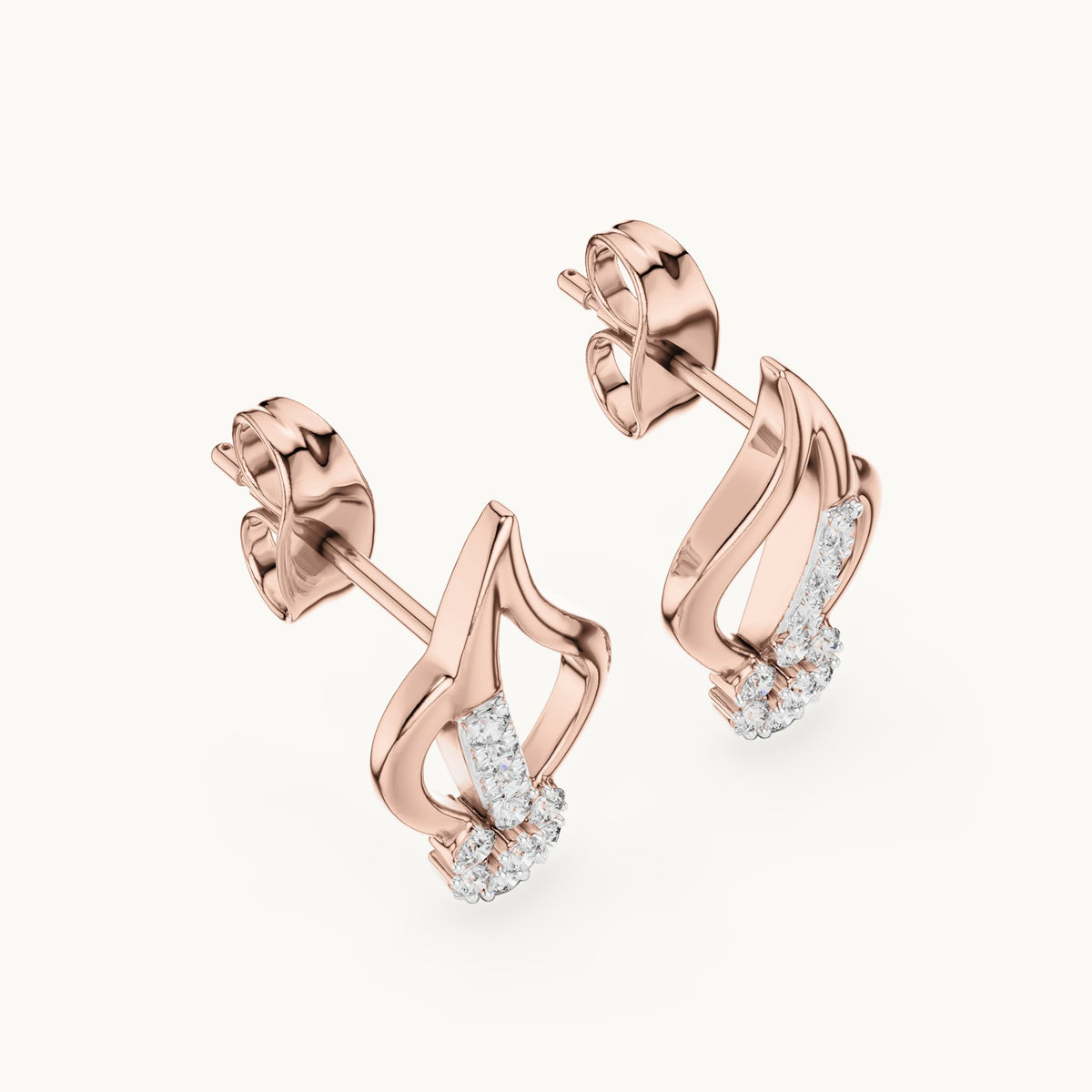 Round lab-grown diamond leaf flame stud earrings in rose gold, 0.20 CT TW, view 2