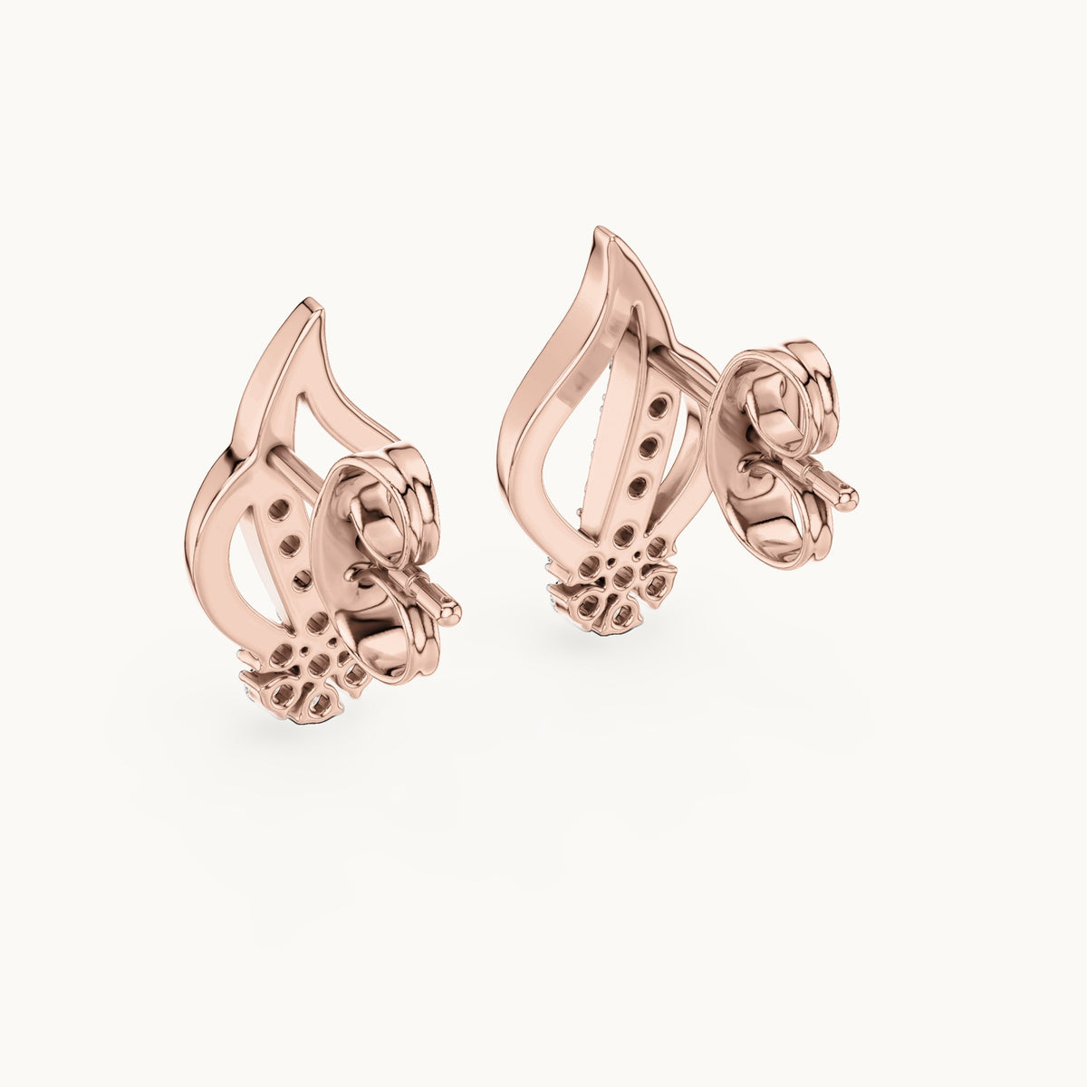 Round lab-grown diamond leaf flame stud earrings in rose gold, 0.20 CT TW, view 3