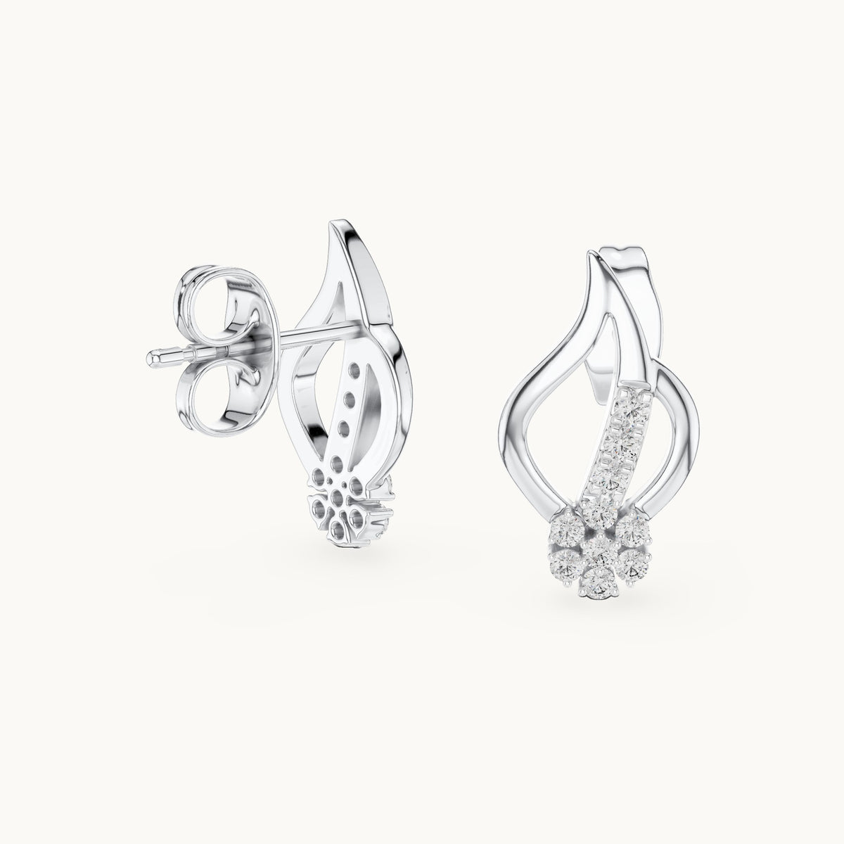 Round lab-grown diamond leaf flame stud earrings in white gold, 0.20 CT TW, view 1