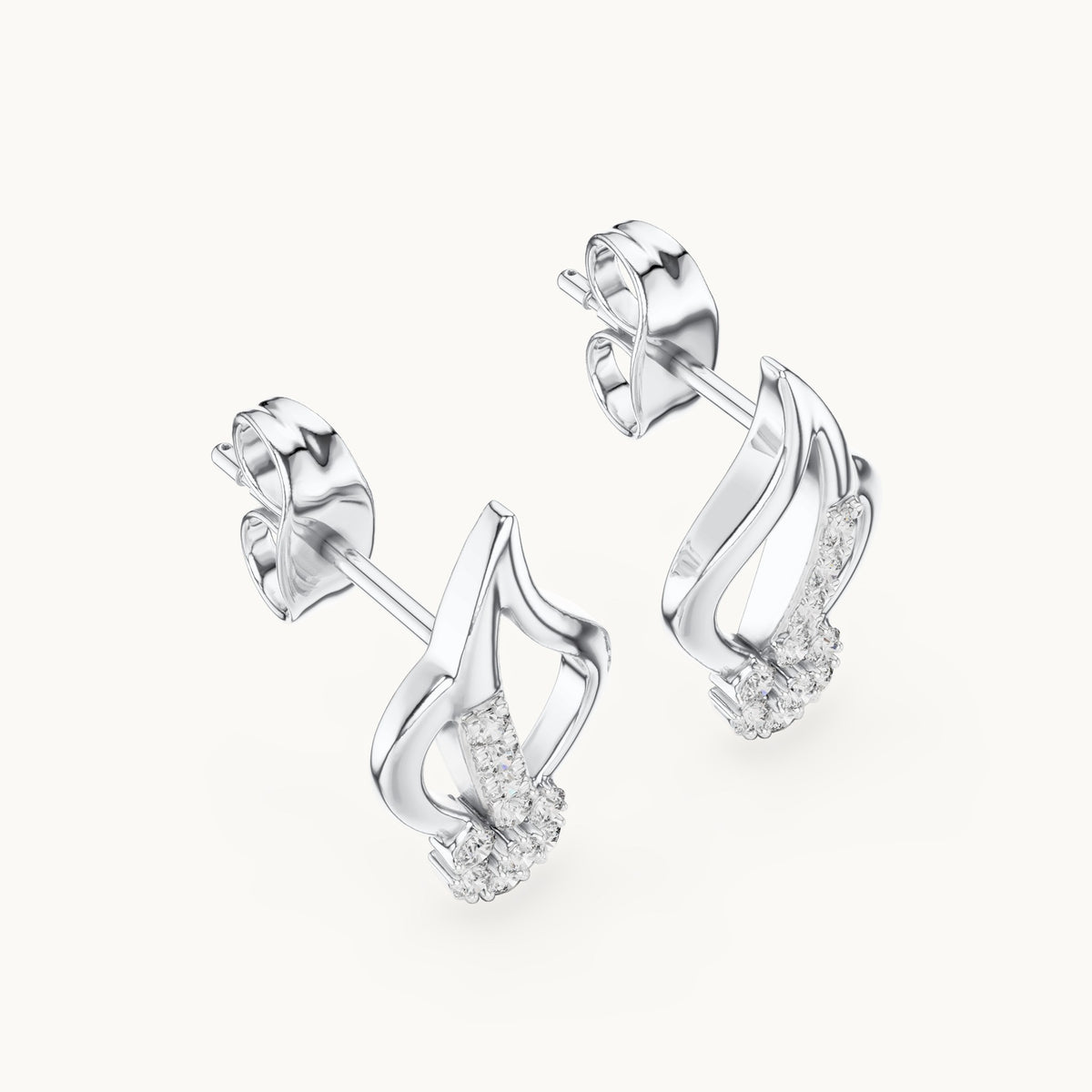 Round lab-grown diamond leaf flame stud earrings in white gold, 0.20 CT TW, view 2