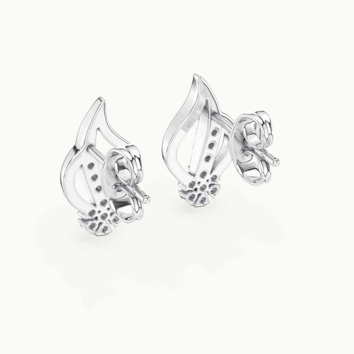 Round lab-grown diamond leaf flame stud earrings in white gold, 0.20 CT TW, view 3