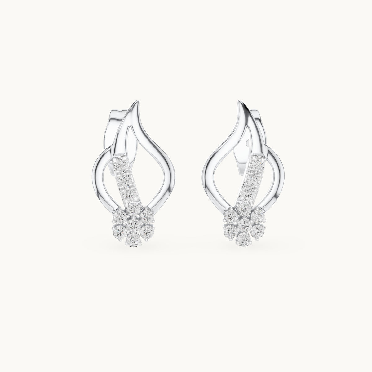 Round lab-grown diamond leaf flame stud earrings in white gold, 0.20 CT TW, view 4