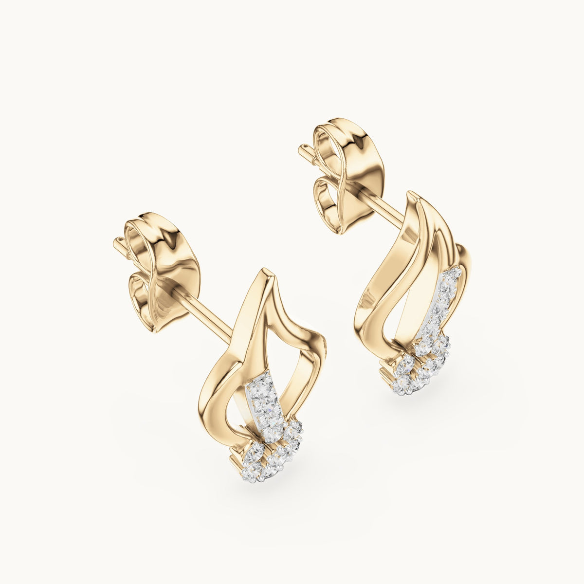 Round lab-grown diamond leaf flame stud earrings in yellow gold, 0.20 CT TW, view 2