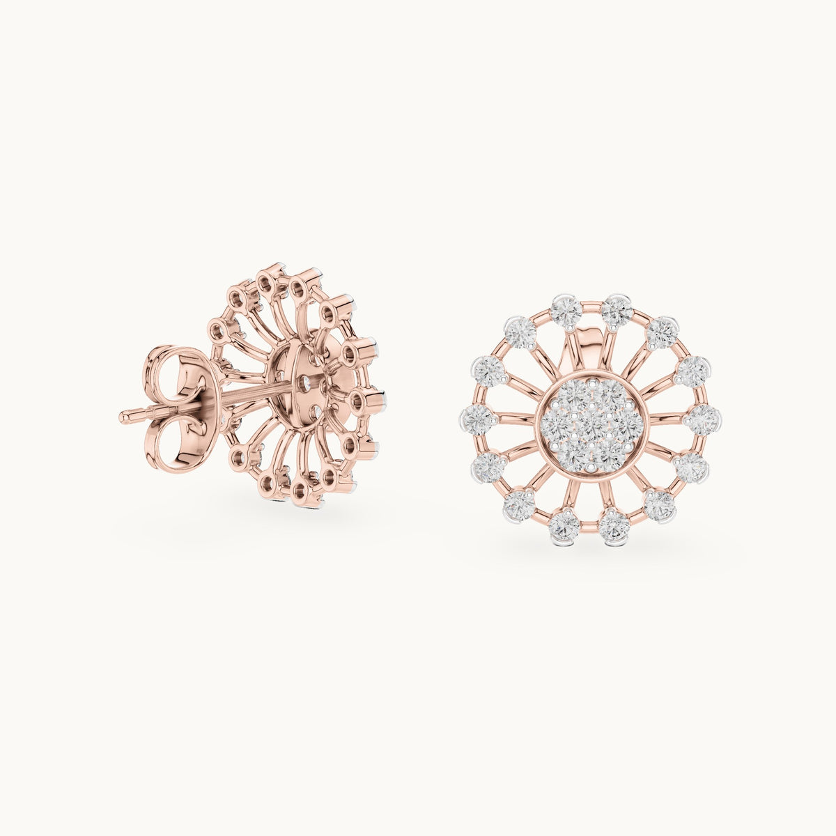 Round lab-grown diamond openwork sunburst stud earrings in rose gold, 0.70 CT TW, view 1