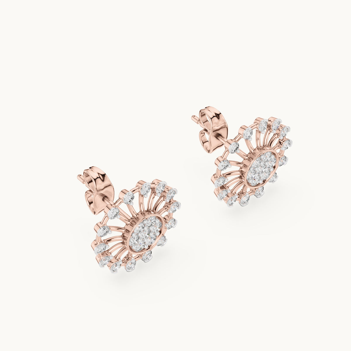 Round lab-grown diamond openwork sunburst stud earrings in rose gold, 0.70 CT TW, view 2