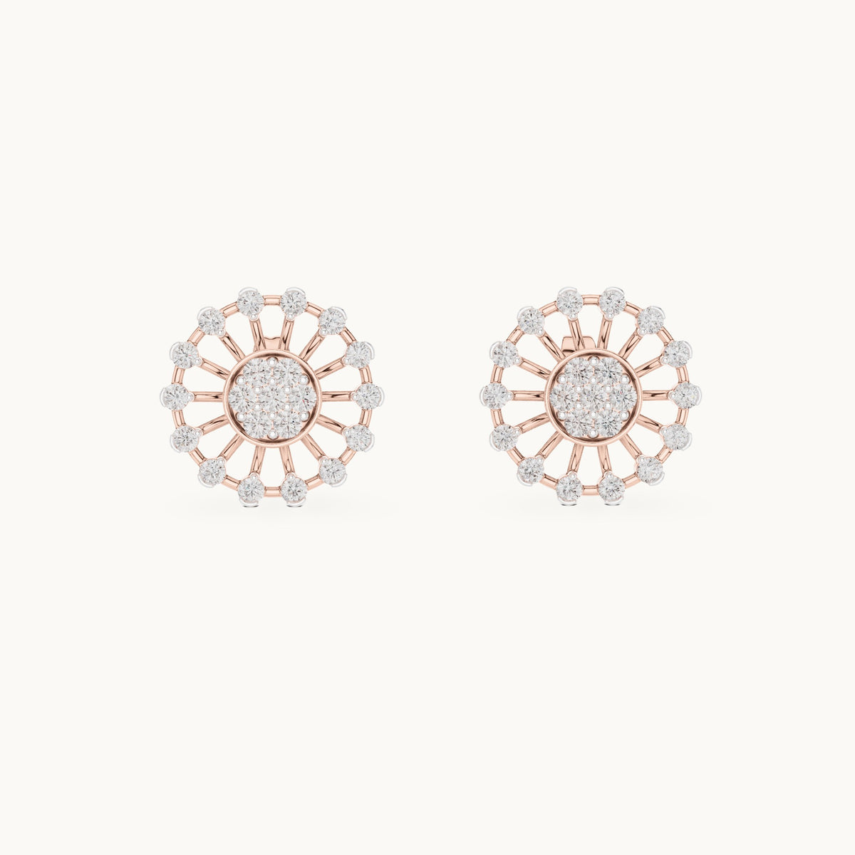 Round lab-grown diamond openwork sunburst stud earrings in rose gold, 0.70 CT TW, view 4